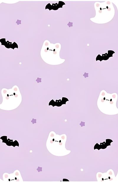 a purple background with white cats and bats on the bottom half of it, as well as stars Purple Preppy Halloween Image Halloween, Cute Cute Purple Halloween, Halloween Pastel, Goth, gainsboro