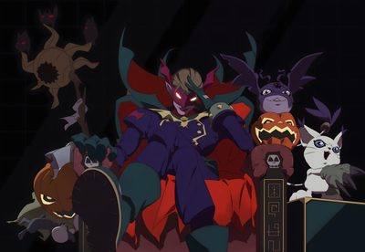 an animated character surrounded by other characters Digimon Halloween Digimon Vampire, Diaboromon Digimon, Digimon Diaboromon, Digimon Jester, black