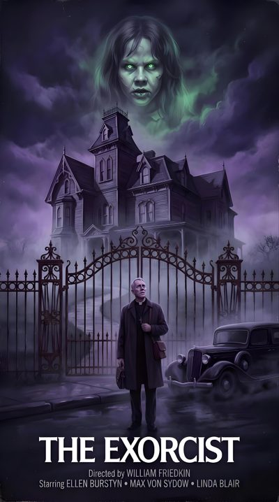 the exorcist movie poster with a man standing in front of a creepy house Exorcist Halloween New Movie Posters, Spooky Movies, Fun Mail, Scream Queens, dark slate gray