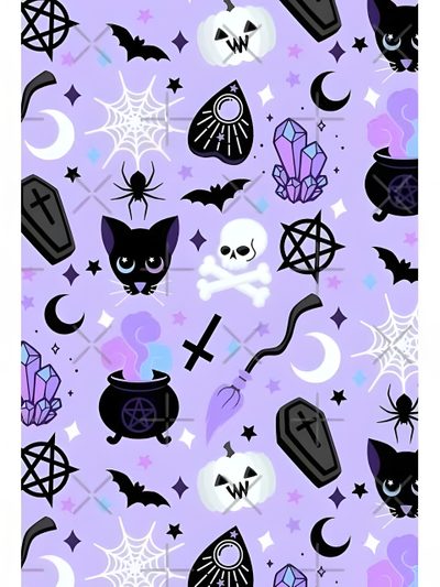 a purple background with black and white halloween items Halloween Planchette Kawaii Cute Purple Halloween, Gothic Cute Bat Background, Pastel Witch Aesthetic, thistle