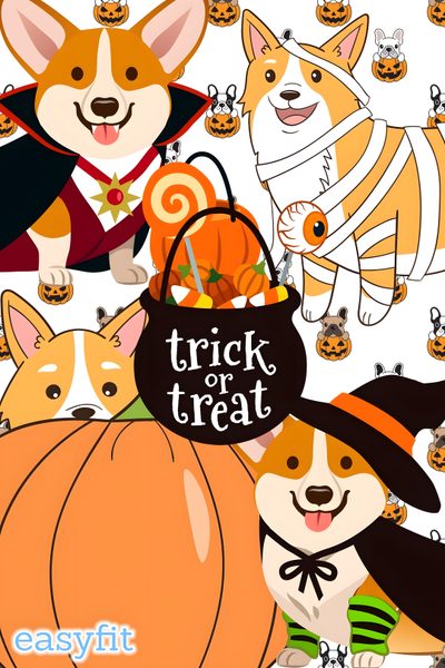 a group of dogs in halloween costumes with pumpkins and jack - o'- lanterns Halloween Corgi Pattern Halloween Corgi Drawing, Candy Corn Corgi, Thanksgiving Corgi, coral