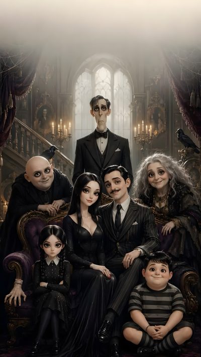 a group of people sitting on top of a couch in front of a staircase with an evil man Halloween Family Cameos Adams Family, Princess Book, Tim Burton Films, The Munsters, dark slate gray
