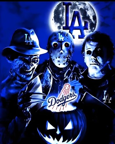 the los angeles dodgers halloween poster with three men in masks and one is holding a jack - o'- lantern Dodgers Halloween Raiders Lakers Dodgers, Dodgers And Raiders, La Dodgers Skull, midnight blue