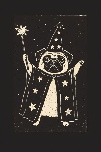 a black and white drawing of a pug wearing a wizard's hat holding a wand Halloween Pug Halloween Pug, Pug Design, Halloween Pug Background, Pug Halloween Drawing, black