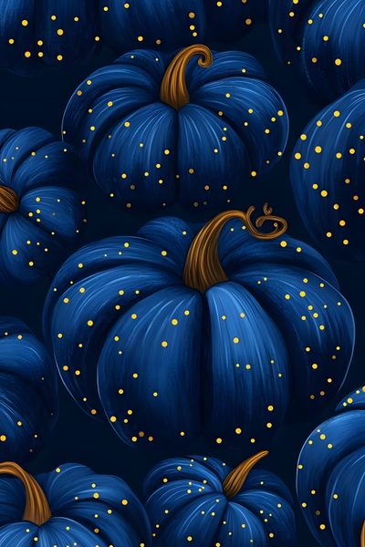 a painting of blue pumpkins with gold dots on them, all in the same pattern Navy Blue Halloween Cute Backgrounds Phone, October, Pumpkin, Art Halloween,
