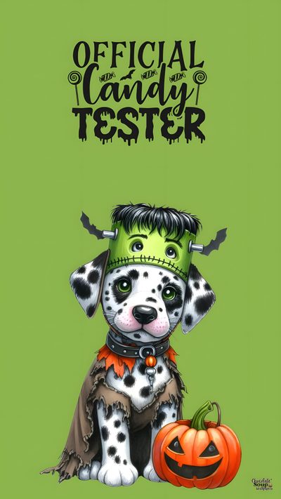 a dalmatian dog wearing a costume and holding a jack - o'- lantern Dog Halloween Iphone Halloween Dog, Cute Dog Halloween, Spooky Dog, Halloween Dogs, yellow green