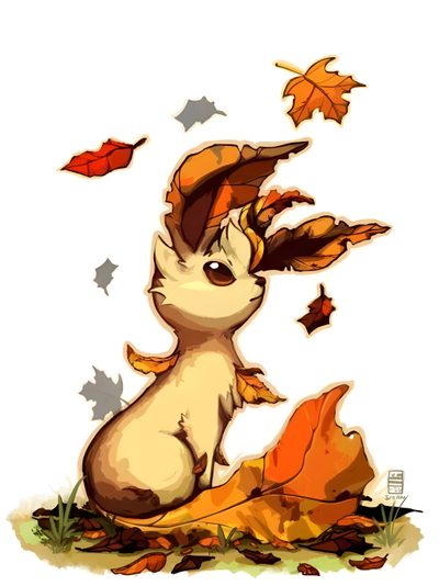 a cartoon rabbit sitting on top of leaves Leafeon Halloween Sawsbuck Fall, Squrtile Pokemon Cute, Fall Pokemon Art, Nature Eevee, Leafeon Autumn, white