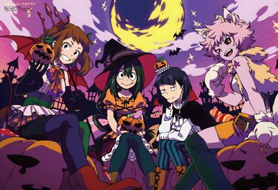 anime characters sitting on the ground in front of a full moon Cute Mha Halloween Uraraka Halloween Fanart, Halloween Icons, Halloween Express, dim gray