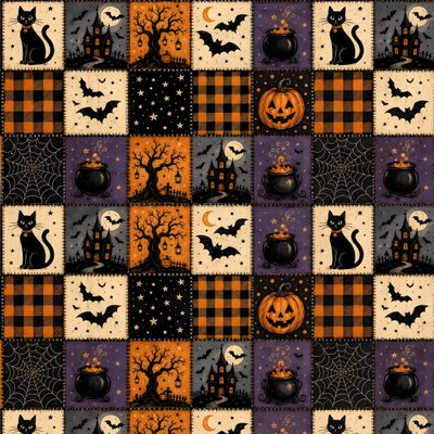 a halloween quilt with pumpkins, bats and jack - o'- lanternes Halloween Patch Halloween Quilts, Cat Pumpkin, Printable Decor, Printable Crafts, dark olive green