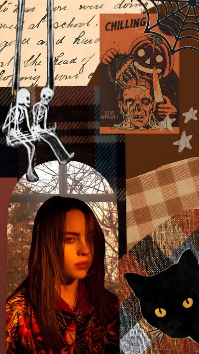 a collage of halloween images with a black cat and skeleton on the wall in the background Billie Eilish Halloween Billie Eilish Fall Aesthetic, Billie Eilish Halloween, Halloween Billie Eilish, saddle brown
