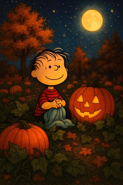 a painting of a little boy sitting next to pumpkins in the grass at night Charlie Brown Halloween Love Halloween, Charlie Brown Halloween Iphone, Charlie Brown Halloween, black
