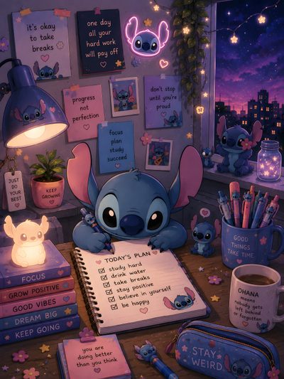 an image of a cartoon character writing on a notepad next to some books and other items Cute Stitch Halloween Alien Character, Cute Stitch, Study Inspiration, Night Time, Phone, dark slate gray