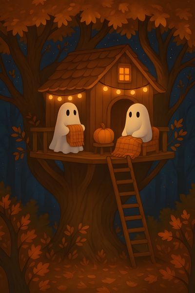 there are two ghost on the treehouse with pumpkins in front of them and lights strung from the roof Halloween Ghost Tree Happy Halloween Pictures, Halloween Iphone Backgrounds, Minion Phone, maroon