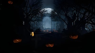 halloween pumpkins lit up in the dark with trees and buildings behind them at night Halloween 4k Video Haunted Forest Night Scene, Horror Background, Animated Haunted Forest, black