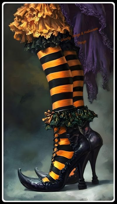 a painting of a woman's legs wearing black and yellow striped stockings with flowers on them Happy Halloween Stockings Witch Pictures, Witch Shoes, Beautiful Witch, Halloween Artwork, dark slate gray