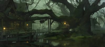 a creepy house in the middle of a swampy area with trees growing out of it Halloween Swamp Swamp House, Swamp Town, Cypress Swamp, Indie Game Art, Landscape Concept, dark slate gray