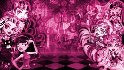 some cartoon characters are standing in front of a pink background with black and white checkerboard Monster High Halloween Hot Pink, Pink And Black, Pink Laptop, 2000s, Pink Ipad, Emo, purple