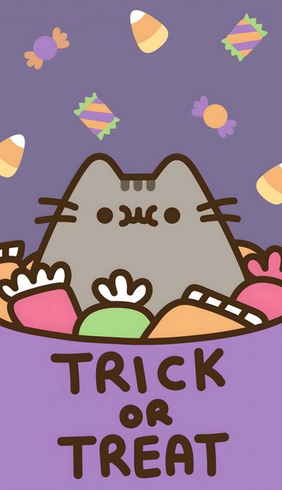 a cartoon cat in a bowl with candy on the side and trick or treat written below Kawaii Kawaii Pusheen Halloween Pusheen Thanksgiving, Pushers Halloween, Fall Pusheen, slate gray