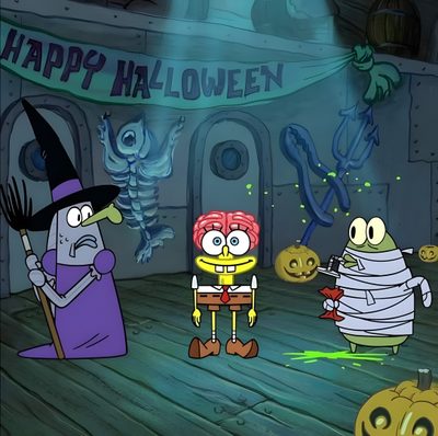 cartoon characters dressed up in halloween costumes Spongebob Squarepants Halloween Spongebob Brain Halloween Episode, Spongebob Halloween Pfp, Spongebob Halloween Gif, dark slate gray