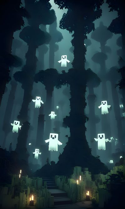 an animated image of some trees with ghost faces on them and candles in the foreground Minecraft Halloween Minecraft Halloween, Minecraft Fall Background, Minecraft Fall, dark slate gray