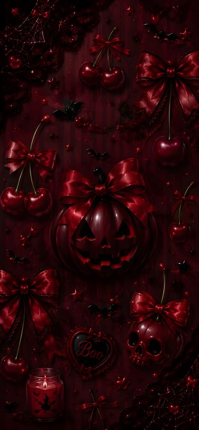 a red background with cherries, candles and bows on it's sides is featured in this image Halloween Cherry Gothic Halloween, Collage, Halloween, black