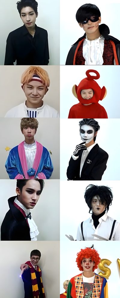 many different pictures of people in costumes Seventeen Halloween Kpop Meme Costume, Seventeen Halloween, Seventeen Costume Ideas, silver