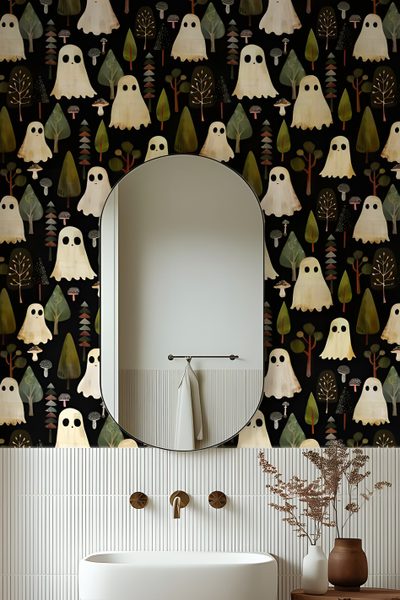 a bathroom sink sitting under a mirror in front of a wallpaper covered with owls Halloween Themed Bathroom Ghost Mural, Spooky For Bathroom, Ghost For Walls, dim gray