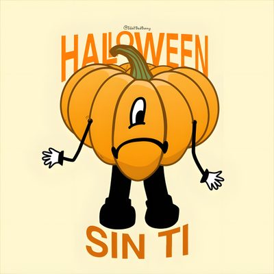 a cartoon pumpkin with the words halloween on it's face and hands in front of its Bad Bunny Halloween Bad Bunny Halloween, Beautiful Art Paintings, Bad Bunny Fall Shirt, light goldenrod yellow