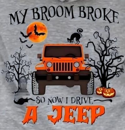 an orange jeep is parked in front of a tree with bats and pumpkins on it Halloween Jeep Halloween Decor For Jeeps, Halloween Jeep Decor, Jeep Decorations For Halloween, gray