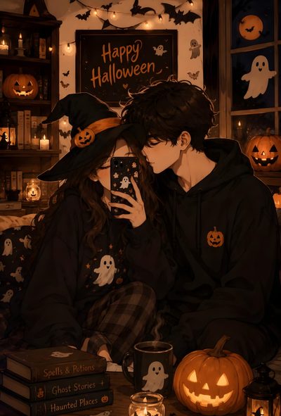 two people sitting on a couch in front of pumpkins and candles, one holding a cell phone Halloween Couple Iphone Couple Halloween, Halloween Night, Fall Vibes, Ghost, Romance, Halloween, black