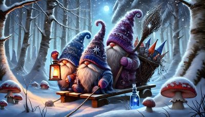 two gnomes are sitting on a bench in the snow with a lantern and some mushrooms Halloween Gnome Desktop Halloween Desktop, Gnome Pictures, Christmas Backgrounds, Computer, dim gray