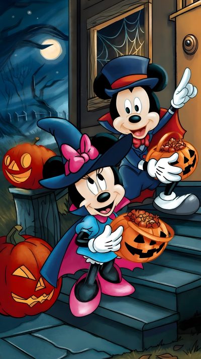 mickey and minnie on the steps with pumpkins Mickey And Friends Halloween Backgrounds Mickey Mouse Halloween, Disney Halloween Iphone, Disney Halloween, dark slate gray