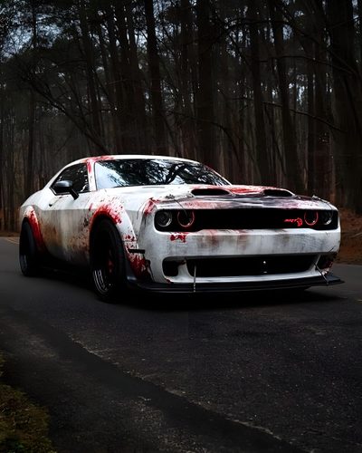 a white car with red paint on it driving down the road in front of some trees Halloween Hellcat Dodge Challenger Hellcat Aesthetic, Dodge Challenger Blood, Hellcat Demon, black