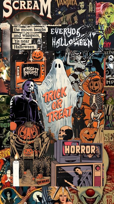 a collage of halloween stickers on a wall 90s Halloween Phone Halloween Movie Aesthetic, Halloween Costumes, Halloween Wall Paper Design, dark olive green