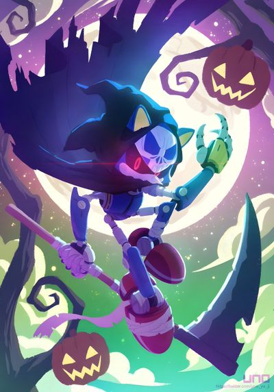 an image of a cartoon character in front of a tree with pumpkins and jack - o'- lanterns Halloween Sonic Sonic The Hedgehog Skeleton, Metal Sonic Lava, Planet Wisp Sonic, Halloween Sonic, slate gray