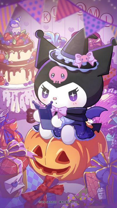 a cartoon character sitting on top of a pumpkin with a cell phone in her hand Kuromi Sanrio Halloween Halloween Cute Kuromi Halloween, Cute Kuromi Halloween, Halloween Kuromi Aesthetic, rosy brown