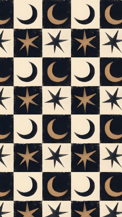 a checkered pattern with stars and crescents Geometric Halloween Aesthetic Checkerboard, Whimsical Design Inspiration, Pattern Design Simple, dim gray