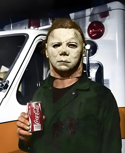 a man wearing a mask holding a can of coca - cola in front of an ambulance Halloween 2 Michael Myers 1981, Michael Myers Classic, Michael Myers Drinking Dr Pepper, dark slate gray