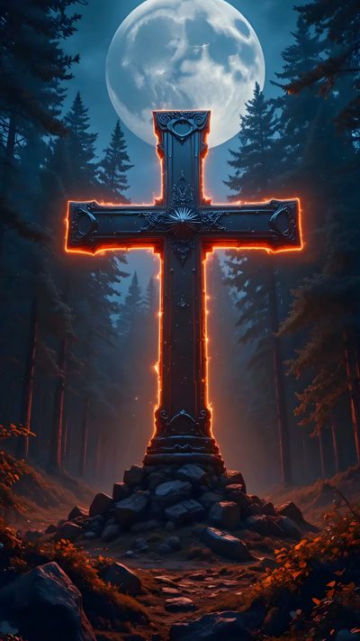 a large cross in the middle of a forest at night with full moon behind it Halloween Cross Evil Tattoos, Cross, Jesus Is Coming, Religious Cross, Jesus, dark slate gray