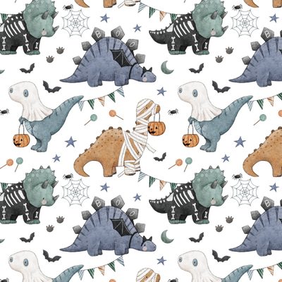 a watercolor halloween pattern with dinosaurs and pumpkins Halloween Dinosaur For Nursery Dinosaur Halloween, Spooky Dinosaur Fabric, Color Profile, white