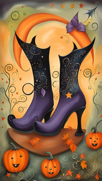 a painting of halloween boots and pumpkins Happy Halloween Stockings Dark Witch, Witch Cat Halloween Image, Salem Halloween Black Cat Witch Autumn Folk Art, sienna