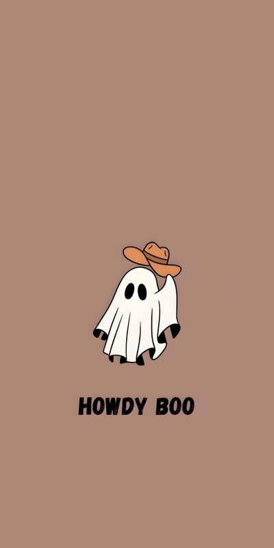 a cartoon ghost with a hat on it's head and the words howdy boo Cowboy Ghost Halloween Cute Ghost Illustration, Cartoon Ghost With Cowboy Hat, Funny Halloween Greeting Card, rosy brown