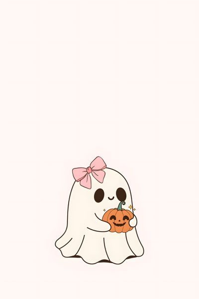 a ghost with a pumpkin in its hand and a pink bow on it's head Halloween Peach Halloween Backgrounfs, Cute Iphone Halloween, Halloween Wallpapaer, lavender blush