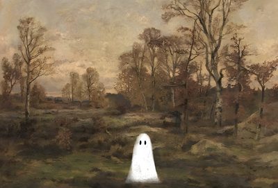 a painting of a white ghost standing in the middle of a wooded area with trees Simple Halloween Desktop Computer, Halloween Canvas Art, Fondos De Pantalla Para Ipad, dark olive green