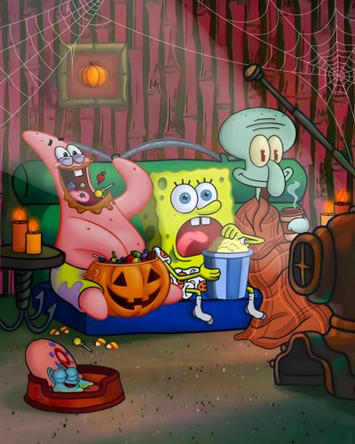 spongebob and friends in the living room with pumpkins, jack - o - lantern Spongebob Halloween Cheap Halloween Crafts, Spongebob Halloween, Spongebob Pics, dark olive green