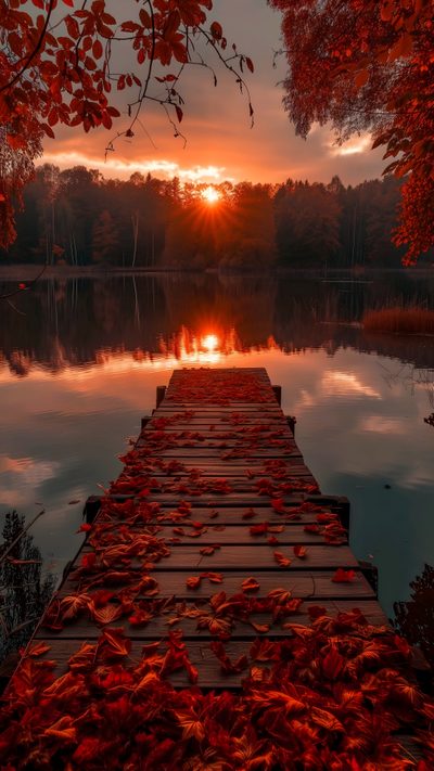 a dock with leaves on it and the sun setting in the distance over water surrounded by trees Halloween Sunrise Phone Backgrounds, Nature, Autumn Scenery, Autumn Phone, Fall Pictures, maroon