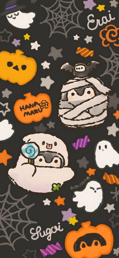 an image of halloween themed items on a black background with ghost, pumpkins and bats Penguin Halloween Asian, Cute Animal Quotes, Cute Panda, Pretty Tumblr, Images Kawaii, dark slate gray