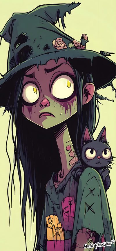 a drawing of a woman with a cat on her shoulder and wearing a witches hat Creepy Cute Halloween Witch, Cute Zombie, Cartoon Sketches, Dibujos Geniales De Arte, dark slate gray