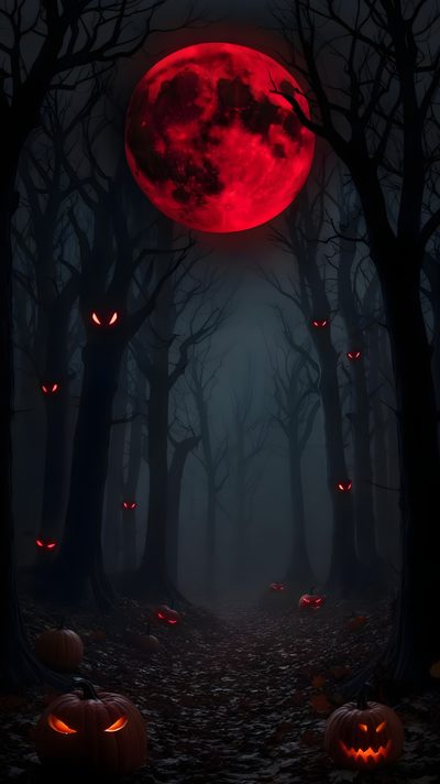 halloween pumpkins glowing in the dark forest at night with full moon and red light Red Halloween Iphone Red Halloween, Goth Art Dark, Scary Images, Halloween Backgrounds, Scary Costumes, black