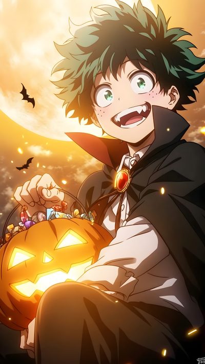 an anime character holding a pumpkin in front of a full moon Izuku Midoriya Izuku Midoriya Halloween Cute Mha Halloween, Deku Pumpkin, Mha Halloween, sienna